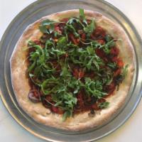 Vegan Pizza · Grilled mushrooms, red onions, peppers, cherry tomatoes, arugula (no pizza cheese). Vegan.