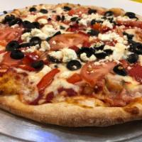 Greek Pizza · Feta cheese, olives, tomatoes and green peppers.