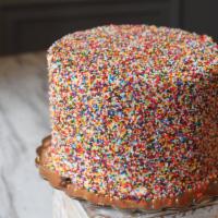Sprinkle · Vanilla Cake with Sprinkles, Vanilla Buttercream Filling & Frosting, Covered in Colorful Spr...