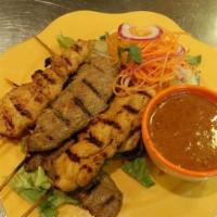 6 Satay Plate · Home-style grilled satay (chicken or tofu) with side of peanut sauce and cucumber salad.