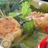 Wonton Soup · A light, flavorful soup made with a clear broth, pork and shrimp dumpling, shiitake mushroom...