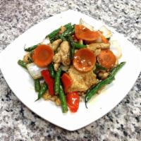 Chicken with String Bean · Stir-fried chicken white meat with string bean, onion and pepper in black bean sauce. Served...