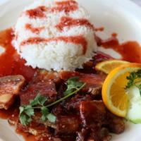 81. Kao Moo Krob · Crispy pork belly with homemade sauce, served with rice.
