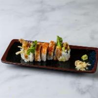 Spider Roll · Soft shell crab, cucumber, avocado, lettuce, tobiko and eel sauce.