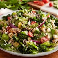 Chicken & Quinoa Mediterranean Salad · Pulled roasted chicken, tomatoes, cucumbers, artichoke hearts, onions, olives, feta cheese a...