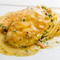 Chicken Francese Entrees · Battered chicken breast sauteed in a white wine, lemon and butter sauced served over a bed o...