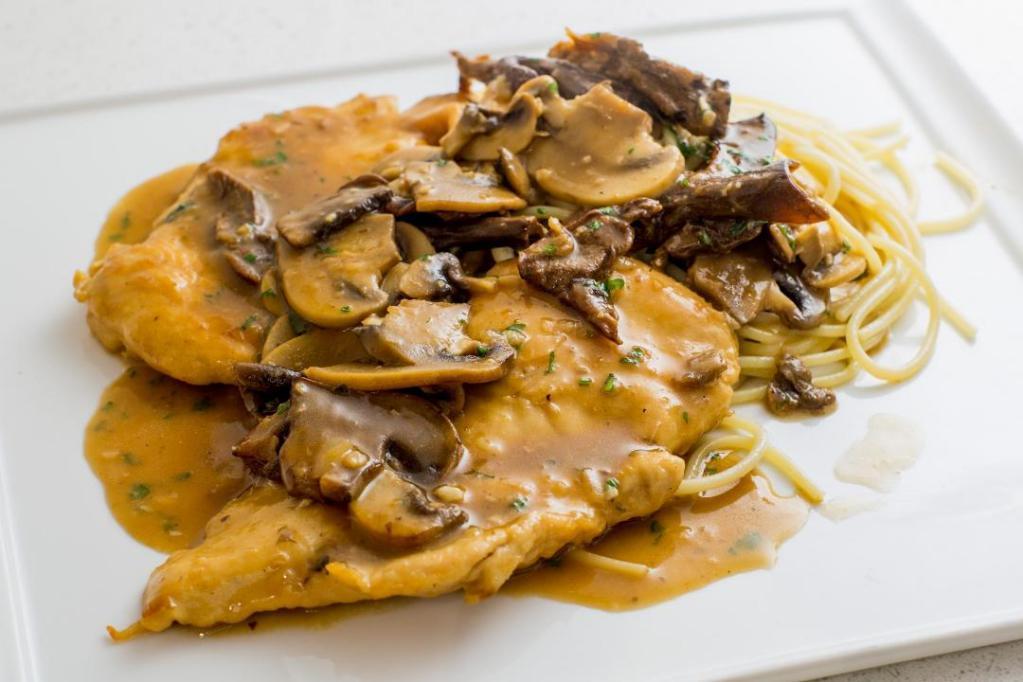 Chicken Marsala Entrees · Herb roasted chicken breast, mixed wild mushrooms in a marsala wine sauce served over a bed of spaghetti