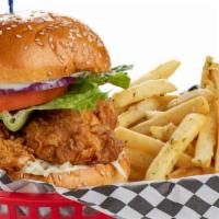 Chicken Sandwich Combo · Served on a sesame seed bun with lettuce, tomato, onions, and mayo. Served with 8 oz. of our...