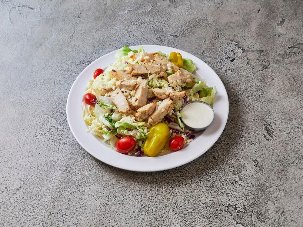 Chicken Salad · Chicken, fresh crisp lettuce, tomatoes, cheese, pepperoncini peppers and your choice of dressing.
