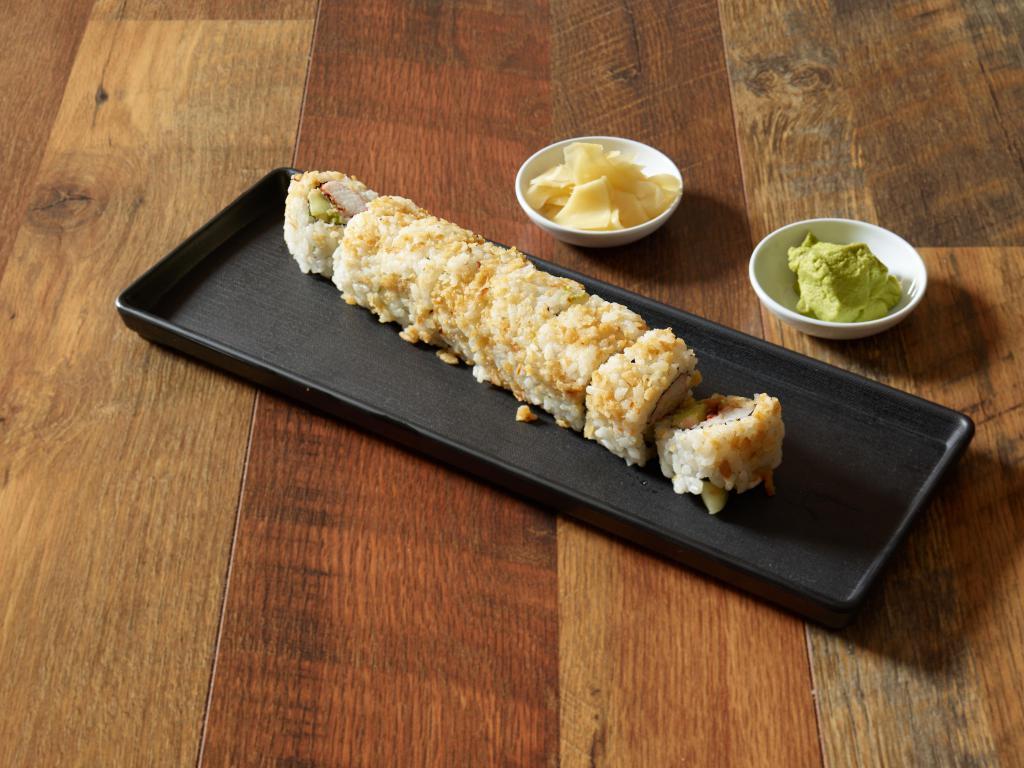 Happy Crab Roll · Double crab stick, bacon, avocado, Japanese mayo, cream cheese and rolled in onion crunchies.