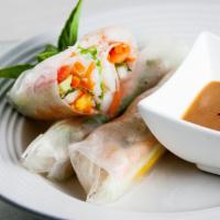6A. Shrimp Summer Roll ( 2 Rolls ) 鲜虾手卷 · Vietnamese fresh paper-wrapped roll stuffed w. Shrimp, lettuce, basil, papaya salad, cucumbe...