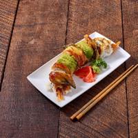Green Dragon Roll · In Deep fried shrimp, crab meat  Out Avocado / unagi sauce