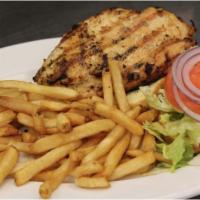 Chicken Breast Sandwich · Served with lettuce, tomato, onion and french fries on a freshly baked kaiser roll.