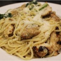 Chicken Broccolini Pasta · Chicken breast and broccoli spears sauteed in olive oil, garlic and herbs, tossed with fettu...