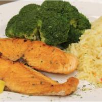 Atlantic Salmon · Pick two of the following side dishes - French fries; Sweet potatoes fries; Oven roasted pot...