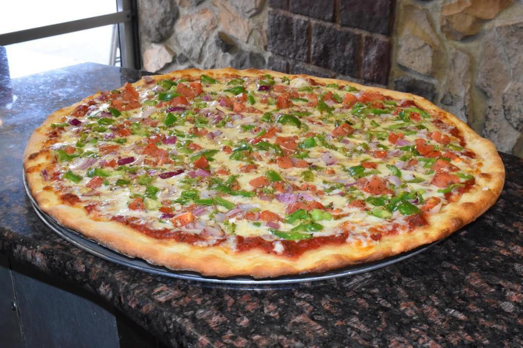 Large Garden Vegetable Pizza · Seasoned tomatoes, peppers, and onions with mozzarella and house pizza sauce.