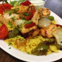 14. Souvlaki Chicken · Skinless kabobs of chicken breast, charbroiled to perfection, marinated in our specially sel...