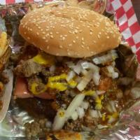 Coney Burger · Three patties, cheese, coney, loose meat, chili, mustard and chopped onions. 