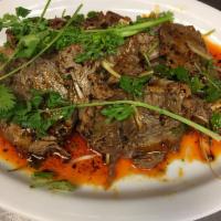 SPICY MALA COLD BEEF 麻辣凉拌牛肉 · Braised beef slices tossed with scallion, garlic and peppercorn chili oil in small plate 麻辣凉...