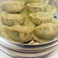 Steamed Vegetarian Dumpling (6 pcs) · 手工全素蒸饺 Hand-rolled dough filled with chopped string beans, minced baby Bok Choy, tofu and mu...