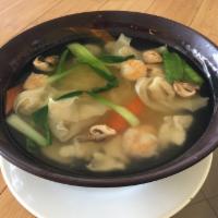 Wonton Soup · Wonton made with chicken, snow pea, Bok Choy and white meat slices, in homemade style chicke...