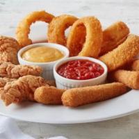 Appetizer Sampler · Mozzarella sticks, onion rings, chicken fingers, and poppers.