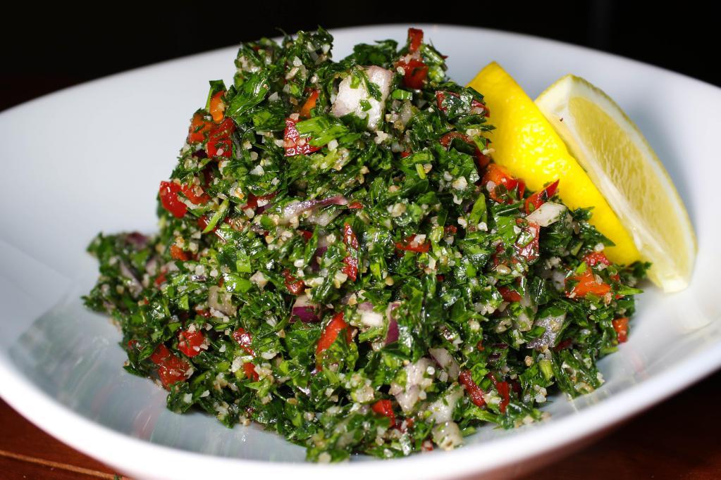 Tabouli Salad · Parsley, tomato, red onion, mint, whole wheat, olive oil and lemon dressing.