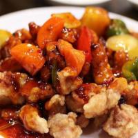 Sachun Beef Tangsuyuk · Deep fried beef in spicy and sweet and sour sauce. Large plate.