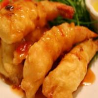 Shrimp Tangsuyuk · Deep fried shrimp in sweet and sour sauce. Large plate. 
