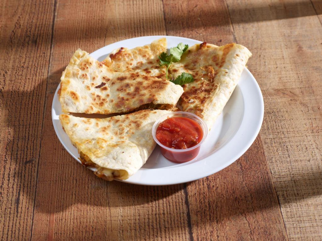 Quesadilla · Mozzarella and cheddar. Stuffed with green peppers, onions and jalapenos with salsa and sour cream on the side. Add chicken, shrimp, steak or ground beef for an additional charge.