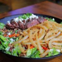 Steak Salad 3 Rd Prty · Sliced char-broiled flank steak, crisp romaine, red onion, diced tomato, tossed in creamy, h...
