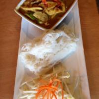 Green Curry Kanom Jeen · Rice vermicelli and green curry chicken, beef or tofu. Traditional Thai style green curry wi...