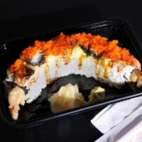20. Dragon Roll · 2 pieces of unagi, avocado, unagi sauce and fish egg on 8 tempura rolls.