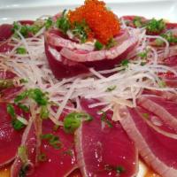 Tuna Tataki · Seared tuna with ponzu sauce jalapeno scallion.