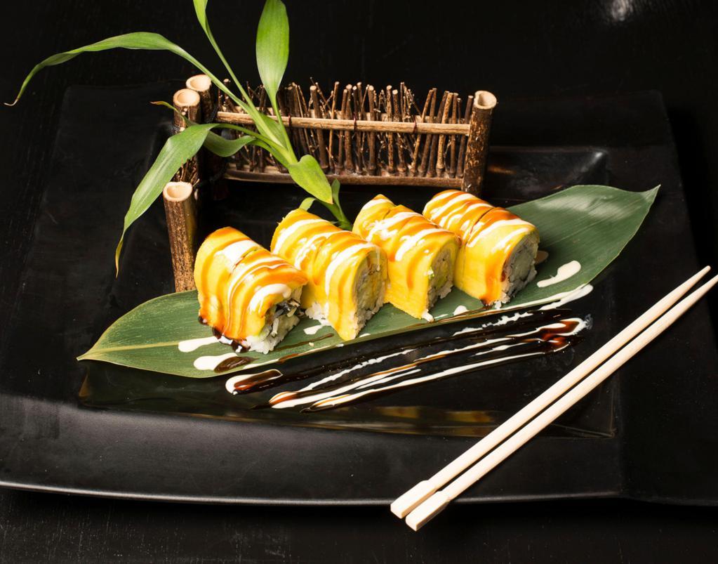19. Mango Roll · Inside: Eel, crab meat and cucumber. Outside: Mango and avocado.