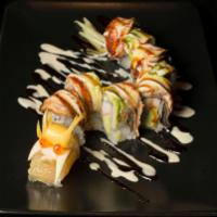 20. Black Dragon Roll · Inside: Shrimp tempura. Outside: Eel and avocado.