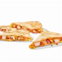 Chicken Quesadilla · Griddled flour tortilla / pulled chicken / chipotle bbq seasoning / cheddar-jack cheese / ho...