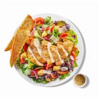 Garden Chicken Salad · house greens / grilled or crispy chicken / tomato / red pepper / shaved Parmesan / croutons ...