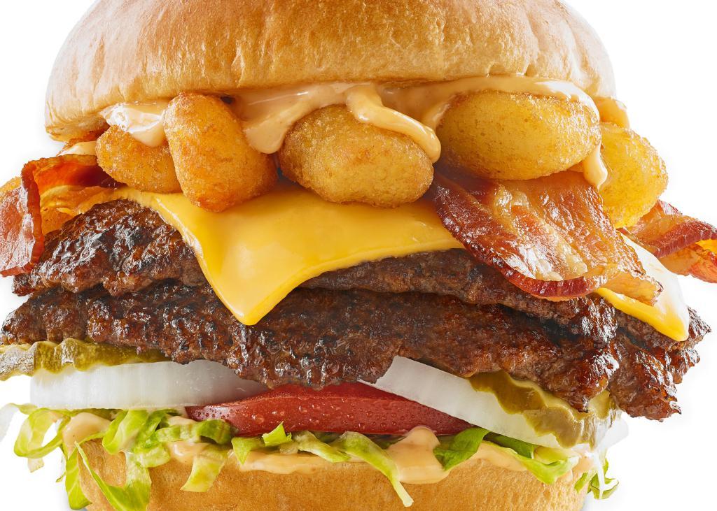 Cheese Curd Bacon Burger · double patty / hand-smashed / Wisconsin white cheddar cheese curds / American cheese / bacon / cool heat sauce / Challah bun / French fries