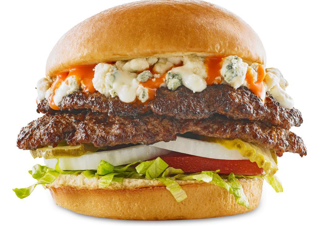 Buffalo Bleu Burger · double patty / hand-smashed / bleu cheese crumbles / medium buffalo sauce / bleu cheese dressing / Challah bun / French fries