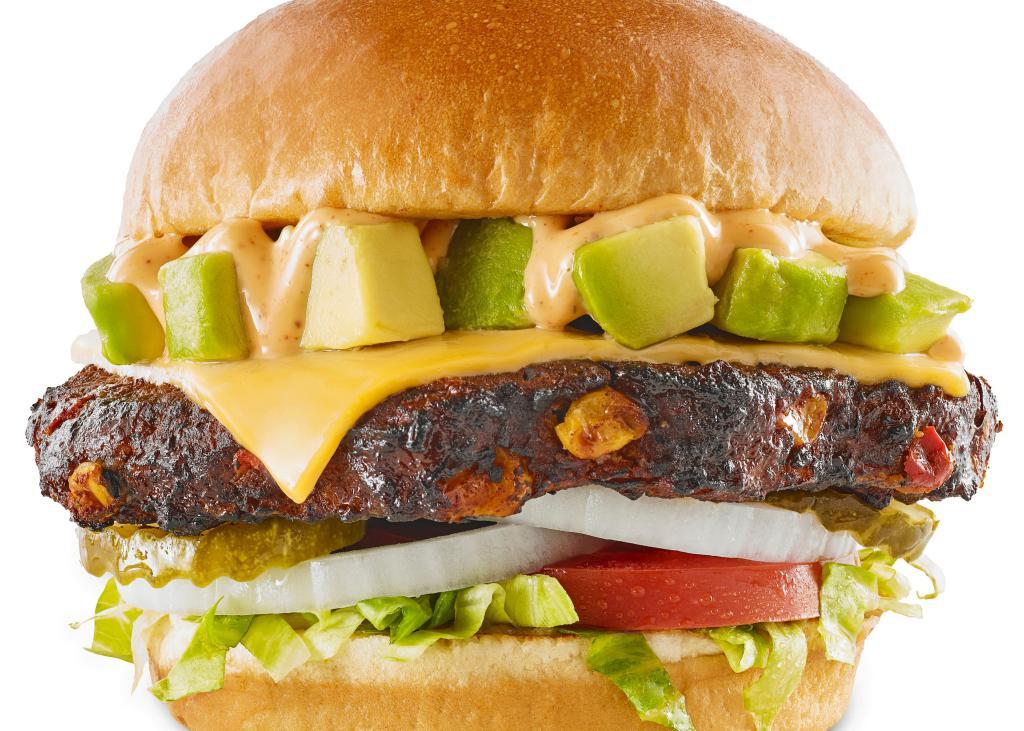 Southwestern Black Bean Burger · Black bean patty / cheddar cheese / avocado / shredded iceberg / tomato / onion / pickles / southwestern ranch / challah bun