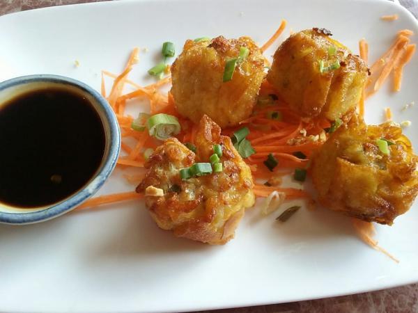 Steamed Dumplings · Ground chicken,shiitake mushroom, chestnut and sweet soy dipping sauce.