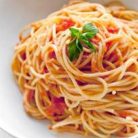 Angel Hair Pasta · Angel hair pasta tossed in extra virgin olive oil, fresh garlic, fresh tomatoes, and basil t...