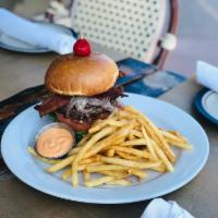 Blue Cheese Burger · 10-oz. beef burger with red onions, mushrooms, tomato, lettuce and melted blue cheese. Serve...