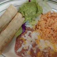 Taquitos con Guacamole and Steak · Served with tortillas, rice, beans and soup or salad.