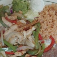 Marinated Chicken Fajitas · Served with tortillas, rice, beans and soup or salad.