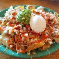 Nachos Especiales · Refried beans with melted cheese, sour cream, guacamole, and pico de gallo. Your choice of m...