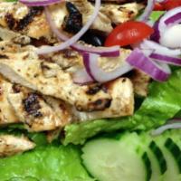 * Grilled Chicken Salad · Grilled chicken, mixed greens, red onions, cucumbers, carrots, olives, roasted red peppers a...