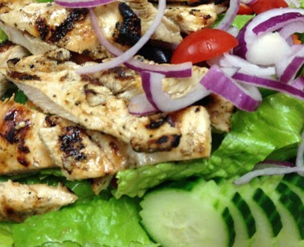 * Grilled Chicken Salad · Grilled chicken, mixed greens, red onions, cucumbers, carrots, olives, roasted red peppers and tomatoes.