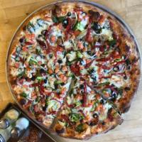* Vibrant Veggie Pizza · Spinach, broccoli, white and red onions, fresh tomatoes, red and green peppers, roasted garl...